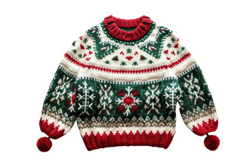 The cute Christmas-themed warm knitted sweater decorated red and green color, isolated on transparent background.
