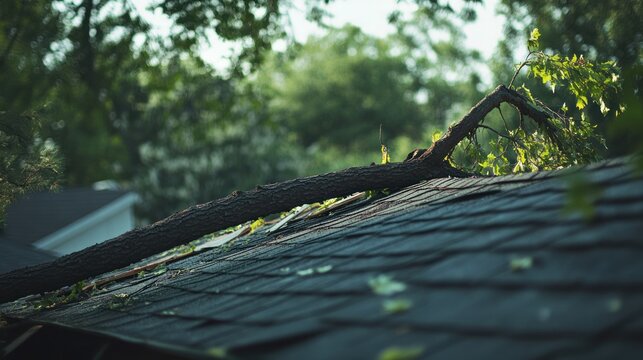 A large tree branch has fallen onto a residential roof, causing damage to the shingles.