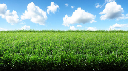 Fototapeta premium Vibrant green grass under a clear blue sky with fluffy clouds, perfect for nature and outdoor-themed projects.
