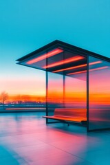 Fototapeta premium A Modern and Artistic Bus Stop Captured Against a Vibrant Sunset Sky