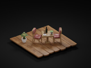 Creative table and chair on wooden floor. Concept with coffee cup, bottle and plate of pot. 3D rendering illustration.