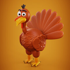 Happy Thanksgiving. Funny cartoon turkey on orange background. 3D rendering illustration.