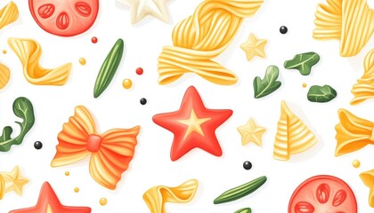Colorful star shaped pasta and vegetables illustration on a white background