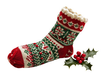The cute Christmas-themed warm knitted wool sock decorated red and green color, isolated on transparent background.