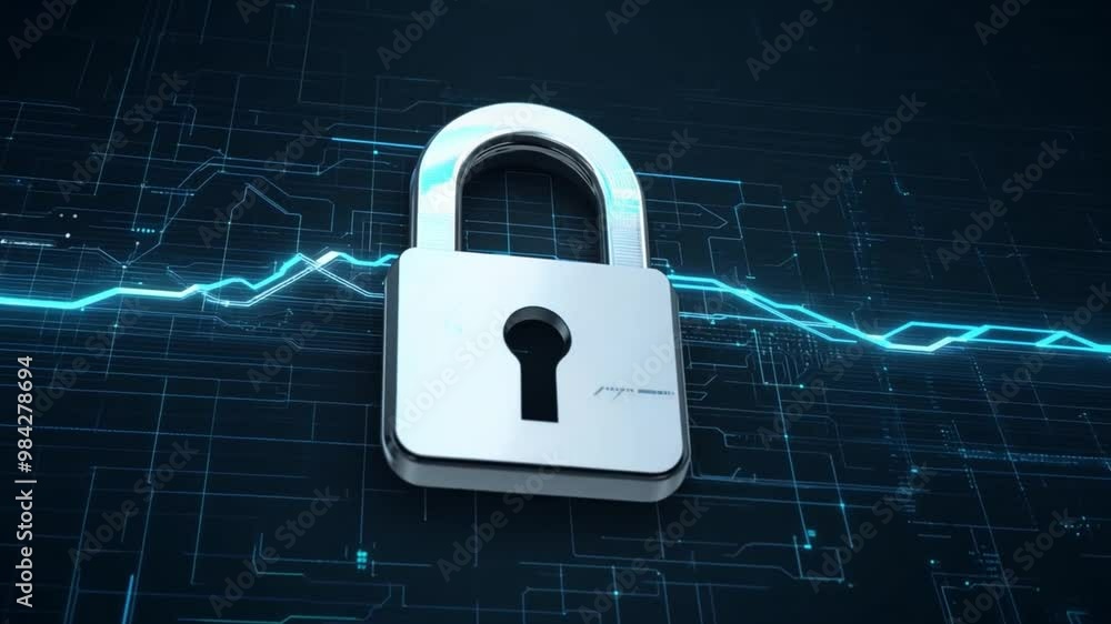 Poster A metallic padlock is displayed against a dark blue background, representing security in the digital realm. The design emphasizes the importance of cybersecurity.