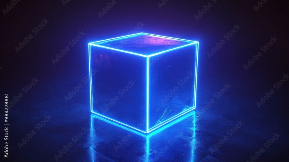 Canvas Prints a glowing blue cube with a neon outline on a reflective surface.