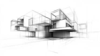 Line art depiction of contemporary modular architecture with a focus on an abstract facade in a three dimensional illustration