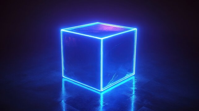 A glowing blue cube with a neon outline on a reflective surface.
