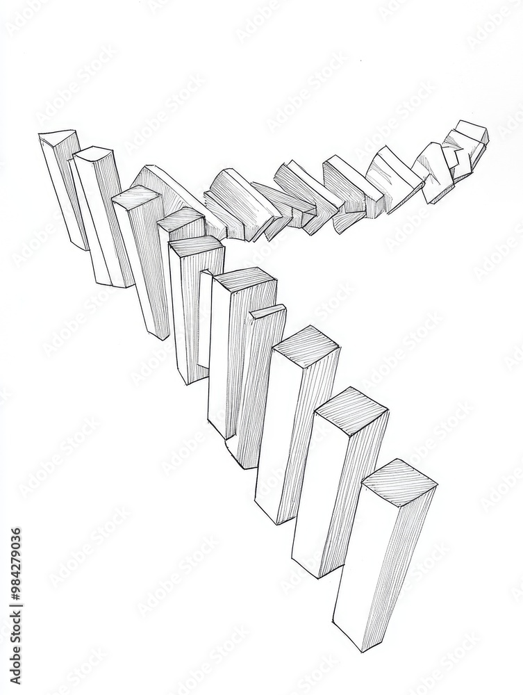 Poster continuous line drawing depicting the domino effect in a minimalist style