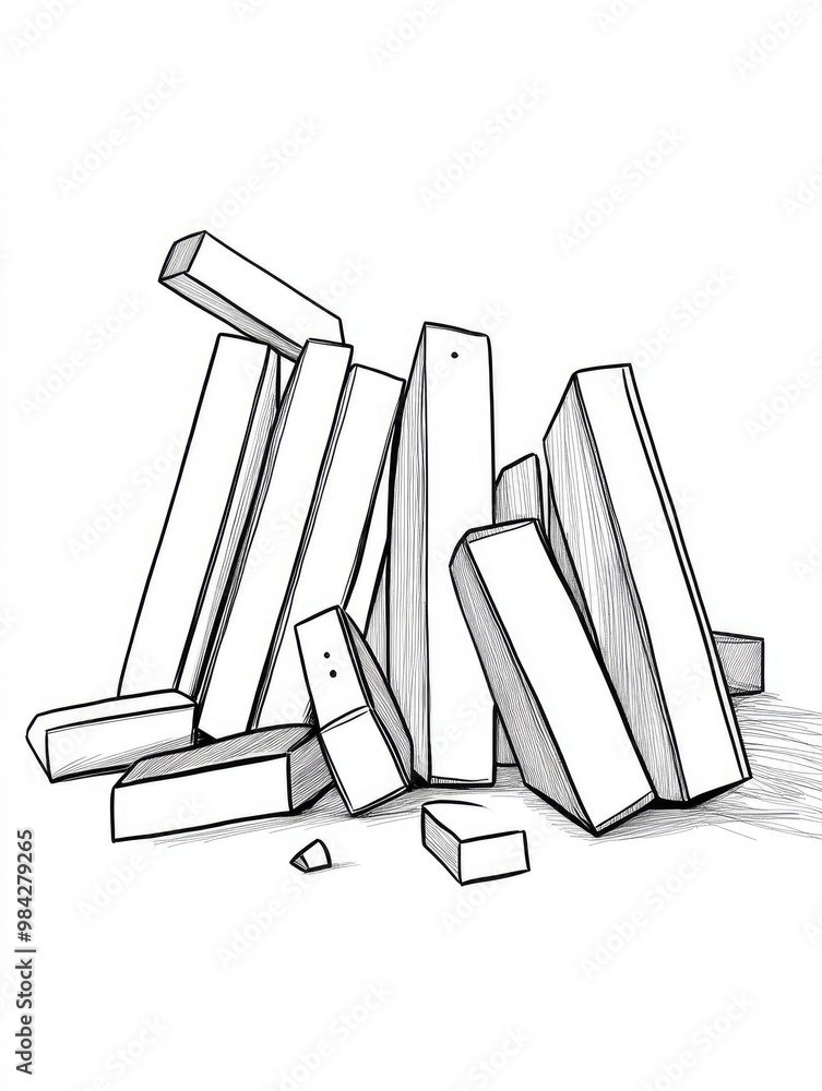 Poster continuous line drawing depicting the domino effect in a minimalist style