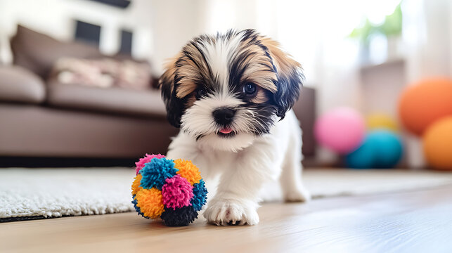 A small Shih Tzu puppy with soft, fluffy fur playing with a colorful toy in a bright living room, its tail wagging energetically 