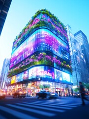 Obraz premium Spectacular Eco-Friendly Building with Vertical Garden and Illuminated Screens
