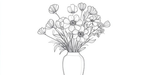 Line art illustration featuring a whimsical vase filled with flowers