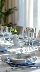 A beautifully set dining table in natural light, featuring elegant glassware and tasteful tableware. arrangement exudes sophistication and warmth, perfect for memorable gathering