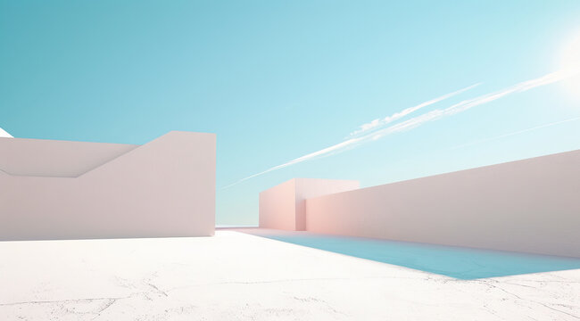 A serene white space under bright blue sky, featuring minimalist architecture and soft shadows. scene evokes sense of calm and tranquility, perfect for modern design inspiration