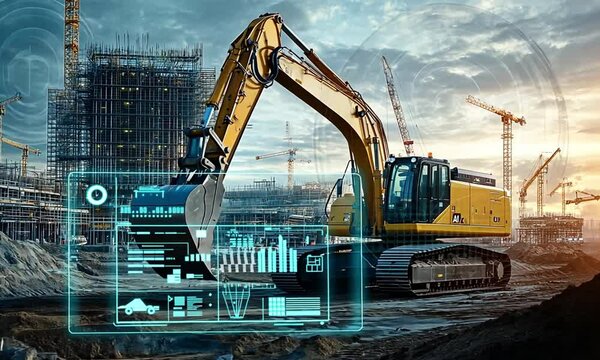 A construction site with an excavator and digital overlay displaying data and graphics.