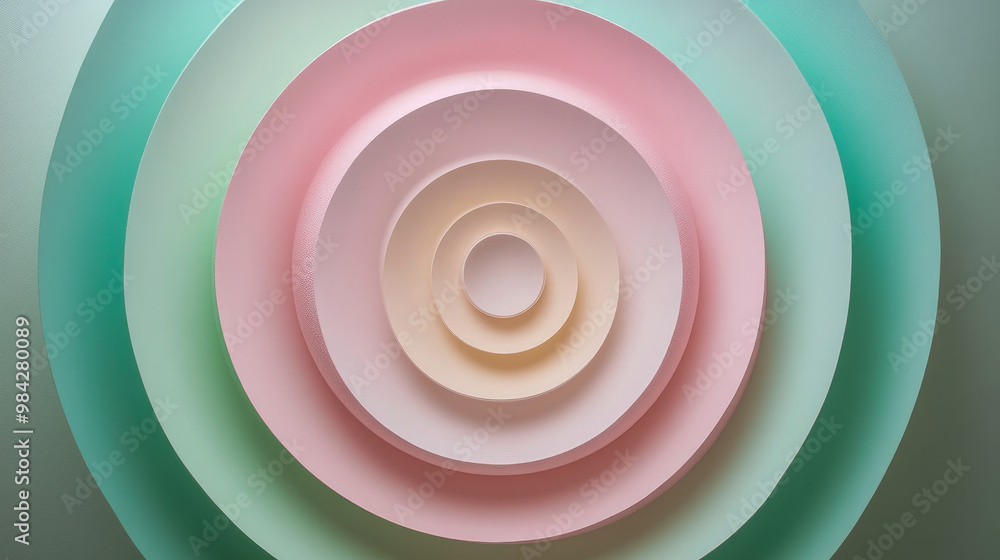 Poster a modern abstract art piece featuring soft pastel concentric circles, creating a harmonious blend of