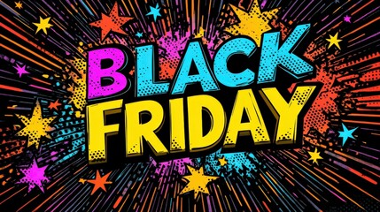 Dynamic and colorful Black Friday text exploding with stars and confetti