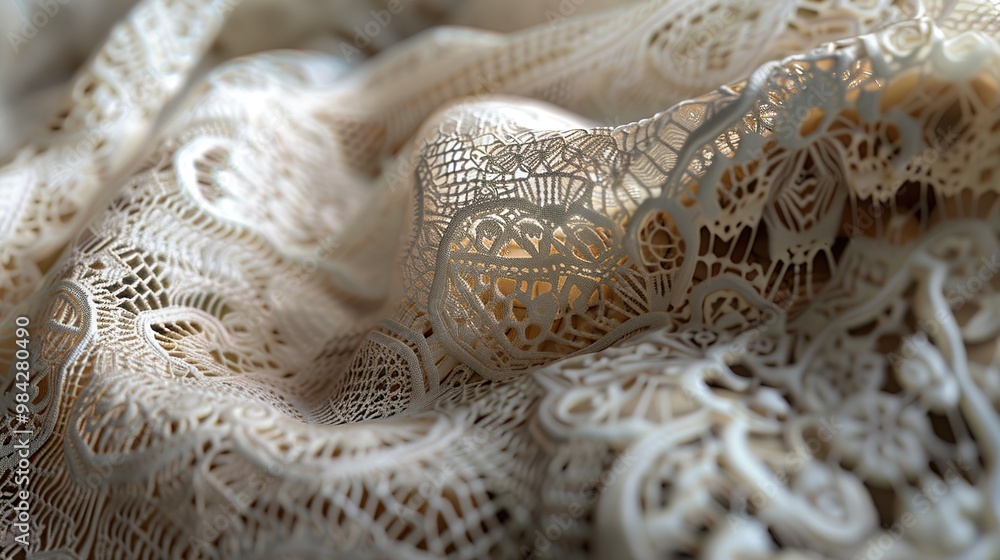 Poster close-up of a detailed lace pattern with intricate designs and delicate textures