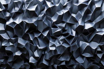 An abstract composition of crumpled metallic textures, creating a dynamic array of folds and facets with a monochromatic color palette.