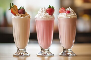 Three tall glasses filled with smooth creamy milkshakes