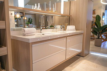 Modern bathroom design features stylish beige and white vanity with sleek lines, ample storage, and elegant fixtures, creating serene and functional space