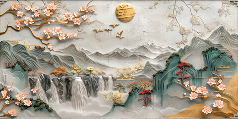Traditional Asian Mountainous Landscape Painting