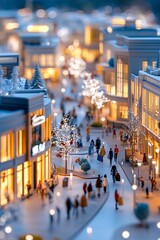 Festive Winter Evening in a Lively City Street Filled with Shoppers and Lights