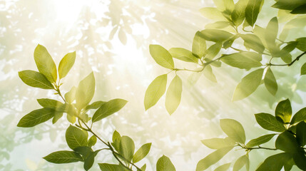 Natural sunlight beautifully filtering through vibrant green leaves, highlighting the flora and casting lovely shadows, refreshing and pure.