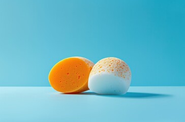 Colorful kitchen sponges on a vibrant blue background, showcasing their unique textures and shapes, ideal for cleaning and home organization needs Bright, cheerful colors enhance the aesthetic