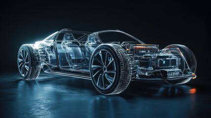 A transparent, futuristic sports car with a glowing electric motor. The car is isolated on a black background.