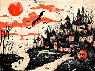 Spooky village with crooked houses and eerie trees under a blood-red sky, flying bats, and dark horror atmosphere in a gothic-styled illustration