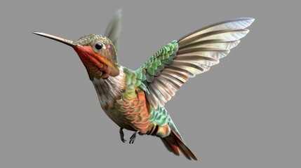 Obraz premium Colorful hummingbird in mid flight, showcasing vivid feathers against a soft gray background Elegant wings spread wide capture the essence of nature s beauty and grace