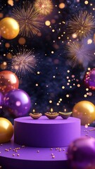 Banner design for diwali festival and podium,Diwali light decoration candle with fireworks,Stage,Product display Showcase design sparkle background,Deepavali,Dipavali,3D podium illustration.