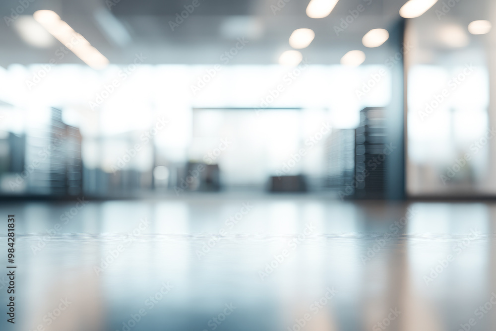 Poster a modern office space with an open design layout featuring clean lines and bright lighting, represen
