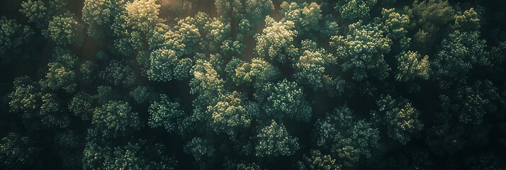 Fototapeta premium Aerial view of dense forest showcasing lush green treetops illuminated by soft sunlight. serene atmosphere evokes sense of tranquility and connection to nature