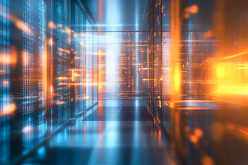 A modern server room with brightly lit blue and orange hues reflecting on sleek surfaces, emphasizing data and technology themes.