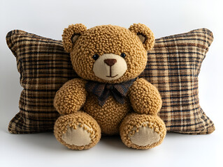 a stuffed bear next to a pillow

