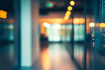 Fototapeta premium A stylish, modern office hallway accentuated by warm and artistic lighting, showcasing an inviting and professional work environment.