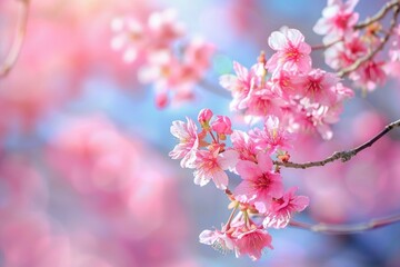 Horizontal banner with sakura flowers of pink color on sunny backdrop. Beautiful nature spring background with a branch of blooming sakura. Sakura blossoming season in Japan