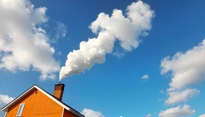 A large white cloud of smoke billowing from the chimney of an orange two-story house against a blue sky with white clouds