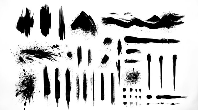 A diverse collection of black paint brush strokes in various patterns, showcasing artistic techniques and design versatility.