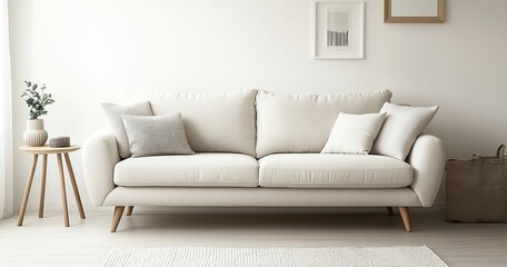 Minimalist Living Room Decor with White Sofa and Wooden Side Table