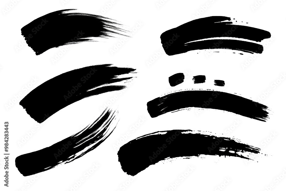 Poster this image shows six distinct black paintbrush strokes, each with a unique shape and texture, useful