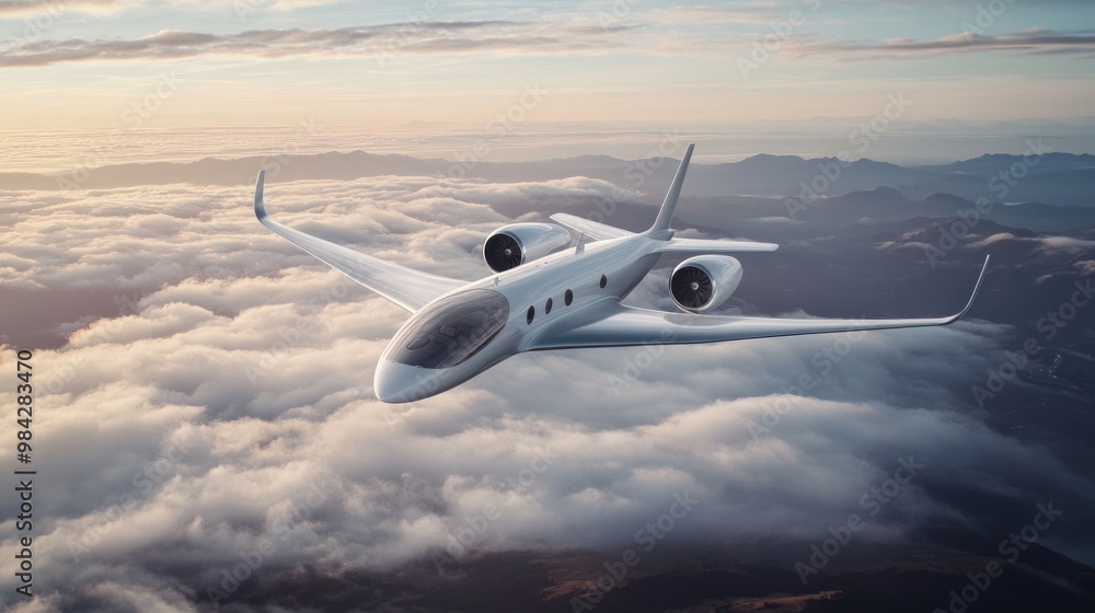 Wall mural a white private jet flies above the clouds at sunset.