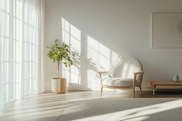 Fototapeta premium Modern minimalistic interior with a cozy armchair, warm wooden accents, and potted plant, featuring soft sunlight streaming through sheer curtains