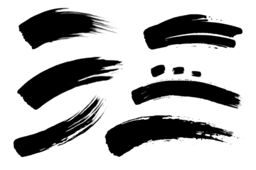 This image shows six distinct black paintbrush strokes, each with a unique shape and texture, useful for artistic and creative embellishments.