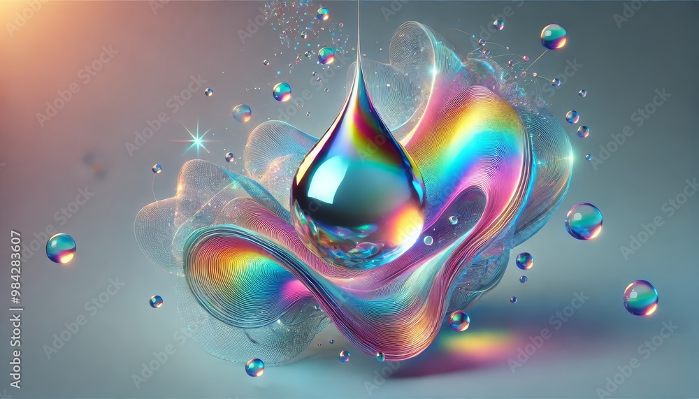 Poster 3d abstract droplet with iridescent colors and fluid, flowing shapes surrounded by floating bubbles