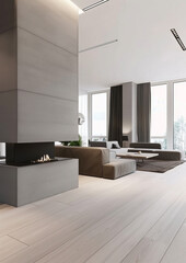 Modern apartment design features spacious living area with minimalist aesthetic, showcasing sleek fireplace, wood flooring, and large windows that invite natural light
