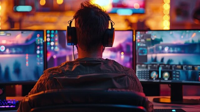 A gamer is focused on a thrilling gaming session, surrounded by multiple monitors displaying colorful graphics in a brightly lit room, wearing headphones.